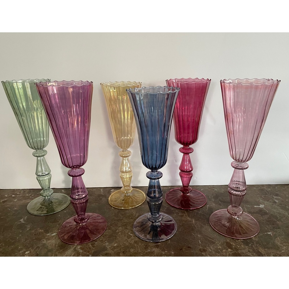 6 Handblown Venetian Murano Glass Iridescent Ribbed Champagne Flutes Multicolor - Picture 11 of 16